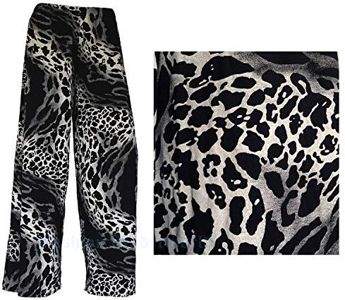 WearAll Damen Palazzo Hose mit weitem Bein, ausgestellt, elastisch, Übergröße, einfarbig Gr. 34-36, Krawatte mit Leopardenmuster