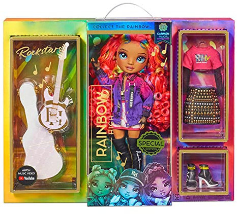 RAINBOW HIGH 423331-INT Rockstar Carmen Mayor – Rainbow Modepuppe und Spielset mit 2 Outfits zum Kombinieren, Musikinstrument und Accessoires-Tolles Geschenk für Kinder von 6-12 Jahren, Mehrfarbig