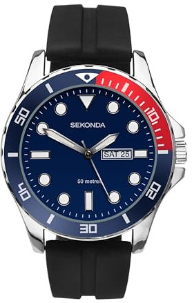 Sekonda Balearic Mens 44mm Quartz Watch in Blue with Analogue Day/Date Display, and Black Rubber Strap 1580