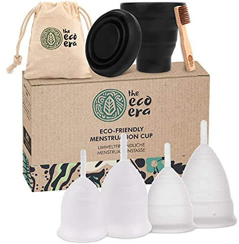 The Eco Era Menstruationstassen-Set Größe S+L, mit je 2 Menstruationstassen (soft & normal) in Größe L+S, eine Sterilisationstasse, eine Baumwolltasche und eine Bambusbürste - 6 Tlg. Set