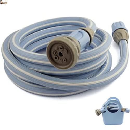 BricoLoco Kit Manguera jardín extensible enrollable. 20 metros. Con pistola 6 chorros y 2 empalmes rápidos. Riego terraza, jardín, patio. Antitorsión. (20)