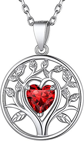925 Sterling Silver Tree of Life Necklaces Simulated Red Garnet January Birthstone Dainty Small Heart Family Tree Pendant Necklace for Women Girls Teens
