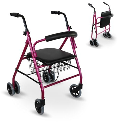 Mobiclinic®, Rollator, Prado, Europäische marke, Faltbar und leicht, Druckbremsen, Gehhilfe aus aluminium, Mit gepolsterter sitzfläche rückenlehne, Einkaufskorb, 4 räder, Rosa