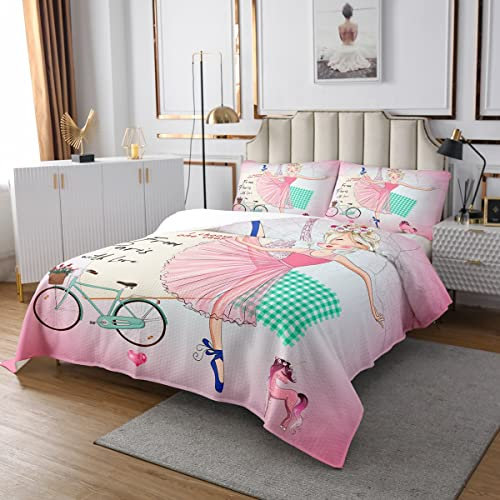 Eiffelturm Tagesdecke 240x260, romantisches Paris Tagesdecke für Mädchen Kinderzimmer, Ballett Mädchen Einhorn Tagesdecke Set Rustikales Fahrrad Rosa Stadt Gebäude Tagesdecke mit 2 Kissenbezüge