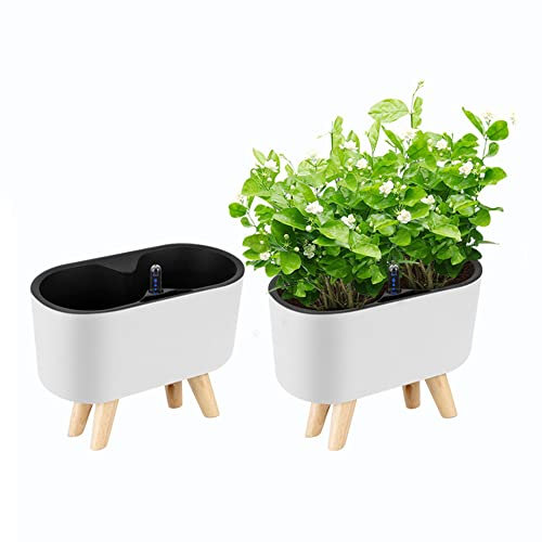 Selbstbewässernder Übertopf, automatischer selbstbewässernder Kunststoff-Blumentopf mit Wasserstandsanzeige, Bodentisch, Blumentopf-Übertopf mit Holzhalterung (Weiß)