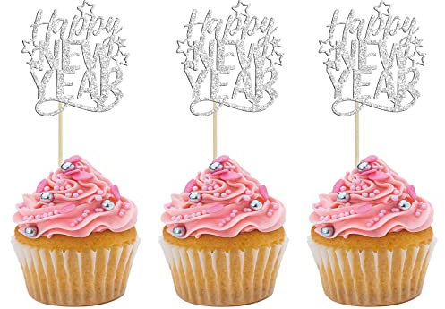 Cupcake-Topper mit Glitzer-Motiv Happy New Year 2025, Motiv: Hello and Welcome to 2025, Kuchenspieße, Dekorationen für Feiertage, Mottoparty, Silber, 24 Stück
