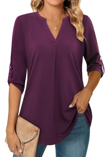 Siddhe Damenbluse Elegant Festlich 3/4 Arm Tunika Top Damen Lang Bluse V-Ausschnitt A-Linie Longoberteile Elegante Longbluse Cotton Damenmode 2024 Shirt Frauen Weiche Frühling Sommer Locker Hemd XL
