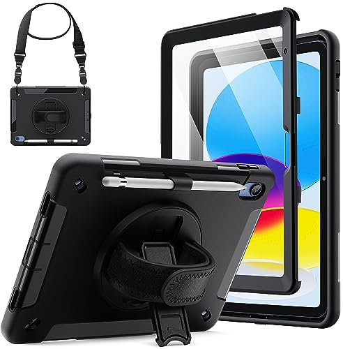 JETech Funda para iPad (A16) 11.ª/10.ª Generación (2025/2022) con Incorporada Protector Pantalla, Rugosa Antigolpes Carcasa, Soporte Giratorio 360 Grados con Correa Mano (Negro)