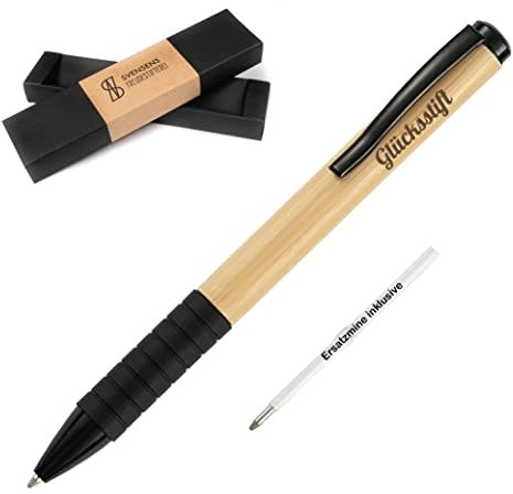 Freudestifterei Glücksstift - Bambus Dreh Kugelschreiber mit Gravur in Geschenk-Box | Kuli Stift | Glücksbringer Prüfung Schule Studium Abschied | Bambus | blauschreibend