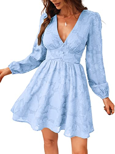 CUPSHE Damen Kleid Spitzenkleid V Ausschnitt Knöpfen Langarm Floral Spitze A Linie Freizeitkleider Elegant Party Mini Dress Hellblau L