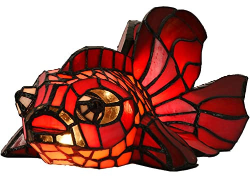 Bieye L30827 - Tischlampe mit rotem Teleskop und Fächerschwanz, Goldfisch, Tiffany-Stil, Buntglas-Akzent-Nachtlicht für Heimdekoration