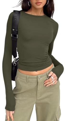 LACOZY Women's Crew Neck Skinny Dupes Solid Color Slim Fit Yoga Sports Tee Hugging top Tight Long Sleeve Shirt Army Green L
