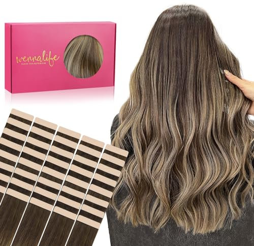 WENNALIFE Tape Extensions Echthaar, 40pcs 100g 45cm 18 Zoll Balayage Schokoladenbraun bis Honigblond Haarverlängerung Echthaar Extensions Invisible Tape in Extensions Echthaar Seidig Hair Extensions