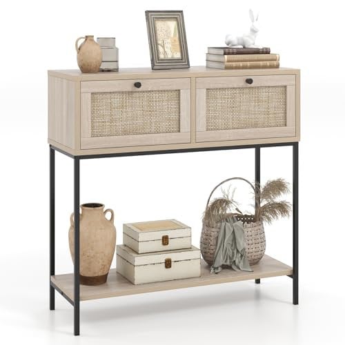Multigot 2-Tier Console Table, Narrow Hallway Table Sofa Side Table with 2 Rattan Drawers & Open Storage Shelf, Wooden Accent Foyer Couch Table for Entryway Living Room