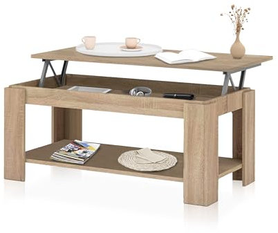 duehome | Mesa de Centro Elevable, Mesa Auxiliar, Modelo LYA, Acabado en Roble Canadian, Medidas: 102 cm (Largo) x 50 cm (Ancho) x 43-54 cm (Alto)