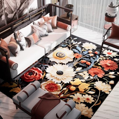 Sedefen Kurzflor Teppich 160x230 cm Bunt Blumen Muster Terrassen Teppich Dekorative Wohnzimmer Schlafzimmer Vintage Teppich Läufer Indische Boho,Anti-Rutsch Unterseite,Felloptik