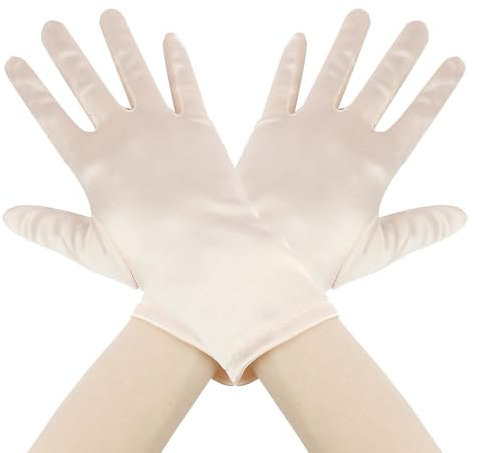 Seidenhandschuhe 20er Jahre Accessoires, 50er Jahre Kleidung Damen, Kurze Satin Halbfertige Abendhandschuhe für Halloween, Opernhandschuhe, Light Champagne (1 Paar)