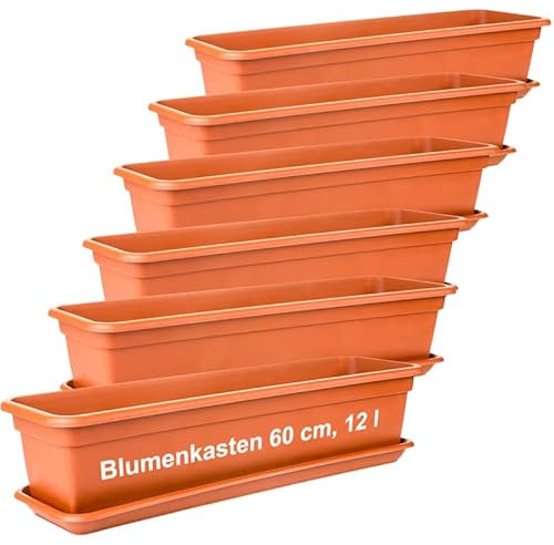 LIVINJA Terrakotta Blumenkasten 60cm mit Untersetzer â€“ 6er-Set, Hochwertiger Kunststoff, Terracotta, Made in EU