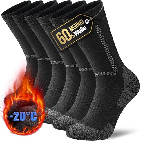 YESWEL Merino Wandersocken Herren & Damen 3 Paar, 60% Merinowolle Thermosocken 47-50, Outdoor Wintersocken Gepolstert für Trekking Sport Schwarz