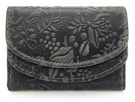 Hill Burry kleine echt Leder Damen Geldbörse Portemonnaie Florale Prägung mit RFID Schutz (Grau)