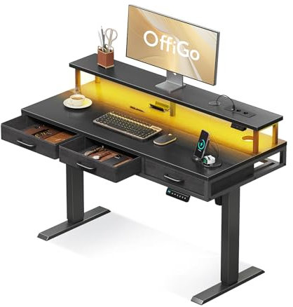 OffiGo Scrivania Elettrica con Cassetti, 120cm Scrivania Elettrica con Supporto per Monitor, Scrivania Gaming con Prese e LED Luminosa, Scrivanie, Nero