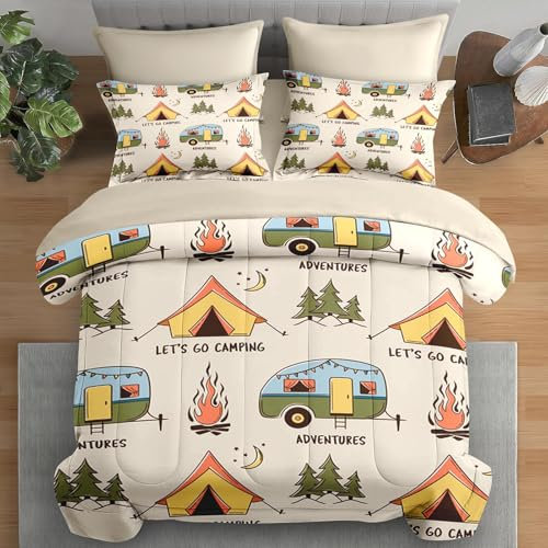 Pamnest 7-teiliges Bettdecken-Set für Queen-Size-Bett, Sommer-Camp-Camper-Bettwäsche-Set für Kinder und Erwachsene, Camping-Abenteuer-Bettwäsche-Sets mit Spannbetttuch, 2 Kissenbezügen und 2