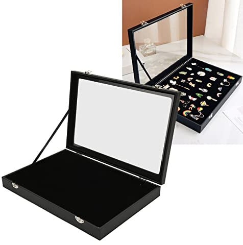 Pin Vitrine, Holz Vitrine Transparente Staubdichte Pin Schattenbox Präsentationsboxen für Militärmedaillen Schmuck Pin-Abzeichen-Sammlung Schwarz (PU-Leder, 35 x 24 x 5 cm)