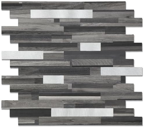 Yipscazo 20 Sheet Peel and Stick Stone Metal Tile Backsplash, Stick on Tiles for Backsplash Kitchen, Bathroom, Laundry Room, Camper, Fireplace (12'' X 12'', Black Wood Grain)