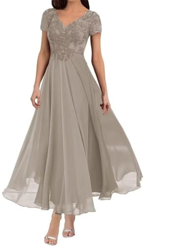 Generisch Teelänge Mutter der Braut Kleider V-Ausschnitt Spitze Applikationen Chiffon Kurzarm Formelle Abendkleider für Frauen Taupe S