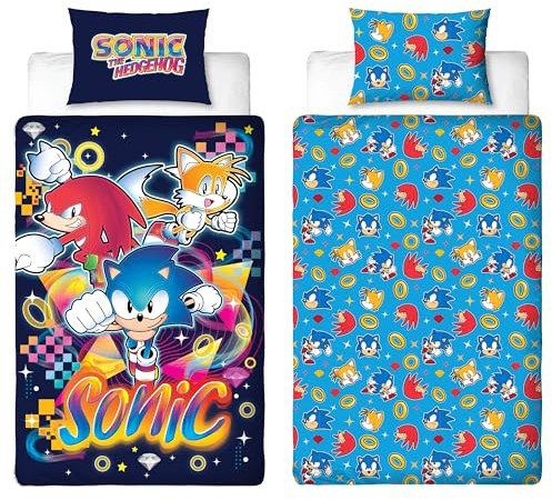 Sonic The Hedgehog Offiziell Lizenziertes Design Gaming Single Bettbezug-Set | wendbare 2-seitige Bettwäsche mit Schwanz und Knöcheln inklusive passendem Kissenbezug | perfekt für Kinderzimmer