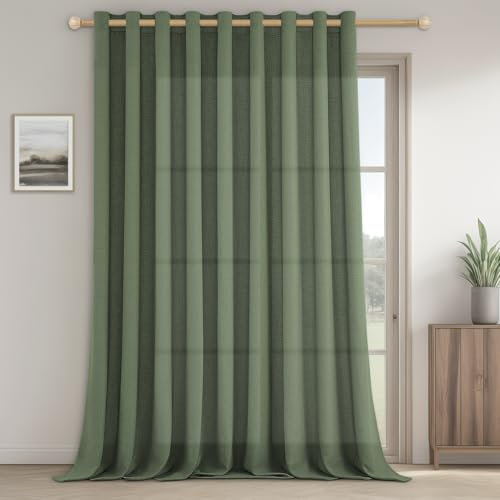MRTREES Gardinen Wohnzimmer Oliv-grün Halbtransparent für Große Fenster, Gardine mit Ösen Leinenoptik 240cm Lang, Vorhang Schal Leinen 300cm Extra Breite, 1 Stück, Curtains Living Room