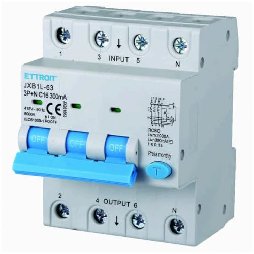 380V 16A C16, INTERRUTTORE MAGNETOTERMICO DIFFERENZIALE SALVAVITA, 3P+N, MONTAGGIO SU BARRA DIN, 4 MODULI, 300mA, 6KA 6000A, RCBO, 415VAC