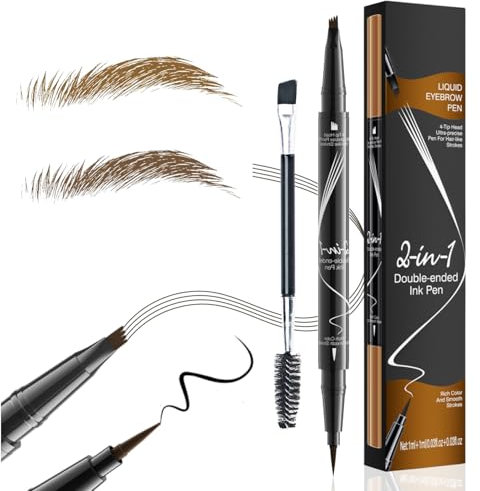 2 Unidades Lápiz de Cejas 2 en 1 con Efecto Microblading & Cepillo, Punta de 4 Dientes para Cejas Naturales, Resistente al Agua & Anti-Manchas Duración Prolongada