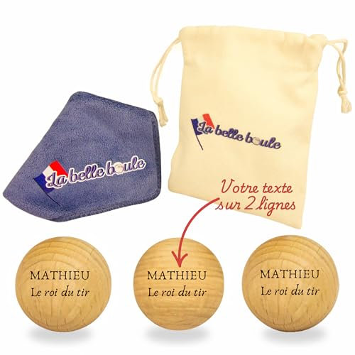 La belle boule® Set mit 3 personalisierbaren Boccia-Kugeln – Tasche für Boccia + Mikrofasertuch – Boccia-Kugel für Wettbewerb und Freizeit – Zubehör für Boccia, drinnen und draußen (2 Zeilen)
