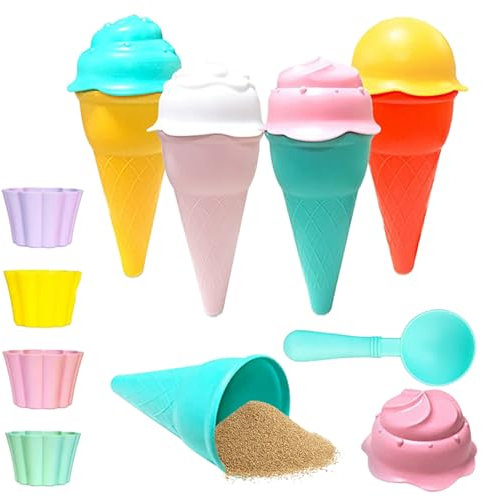 13 Piece Ice Cream Kinetic Sand Toys Set ,Sand Beach Toys for Kids , Ice Cream Bath Toy,Magic Sand Moulds Coloured -Ice Cream Mould Set with Cones Scoop and Tubs