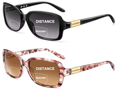 JM 2 Pack Classic Bifocal Reading Sunglasses Rectangular Stylish Sunglasses Readers for Women +2.5 All Black&Pink Printed