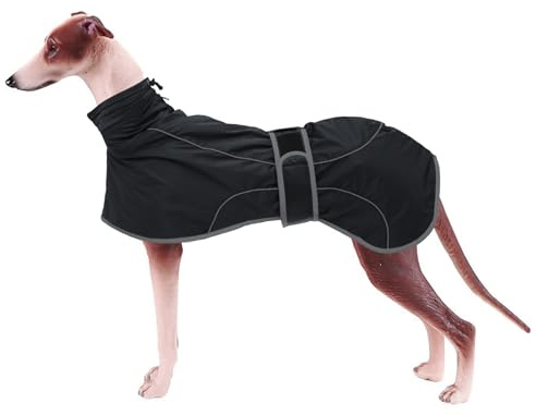 Geyecete-Wasserdicht Windhunde Mantel Fleece Whippet Pullover Winterjacke,Verstellbaren Reflektierend Outdoor Hundemantel für mittel und Grosse Galgo Windhund Whippet Lurcher Saluki-Schwarz-XXL