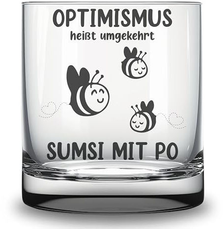 Trinkglas mit Gravur Optimismus - Sumsi mit Po lustiges Glas mit Bienen-Motiv Geschenk für Kollegen Freunde und alle Optimisten 0,25l