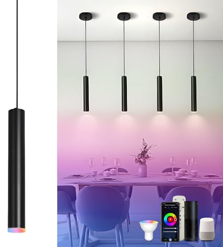 Smart LED Pendelleuchte 1 Flammig, GU10 Moderne Hängeleuchte mit Alexa, Fernbedienung & App, Höhenverstellbar, Schwarze Hängelampe RGB Pendant Light für Schlafzimmer Wohnzimmer (Inkl. Glühbirne)