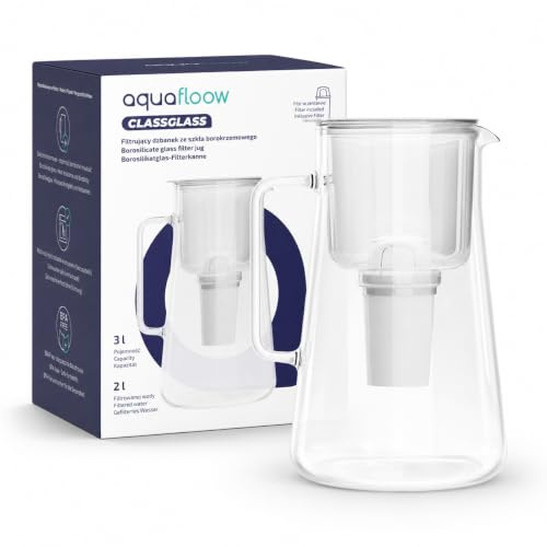 Aquafloow Glass Water Filter Jug 3L, borosilicate glass, BPA-free, premium design, dishwasher safe, incl. filter cartridge – for drinking water, reduces limescale and chlorine, white