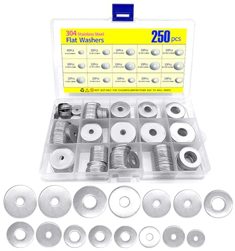 250Pcs Flat Washer Set, Stainless Steel Flat Penny Washers for Screws and Bolts, 15 Sizes M3 M4 M5 M6 M8 M10 M12, Flat Washer Assorted