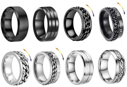 Uwiyo 8 Stück Edelstahl Herren Ring, Silber Schwarz Spinner Ring Männer Vintage Spinner Kette Link Ringe Anxiety Ringe Cool Band Rings Ehering Verlobungsring für Herren Männer (Silber Schwarz, 12)