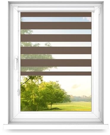 time4blinds - Doppelrollo ohne Bohren - Zebra Rollos für Fenster und Türen - zum Kleben, mit Aluminiumkassette, Lichtdurchlässiger Stoff, Kleberollos - Walnuss, 1400x700, Rechts