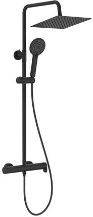 Roca Vega Plus Columna de Ducha Monomando Negra Mate – A5A9C6ENB0 - Rociador Cuadrado 250x250 mm, Ducha de Mano 3 Funciones, Altura Regulable, Instalación Mural