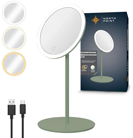 Northpoint LED Akku Kosmetikspiegel 5-Fach, 3 Lichtfarben (Warmweiß/Neutralweiß/Tageslichtweiß), stufenlos dimmbar Touch, Metallgehäuse (Olive)