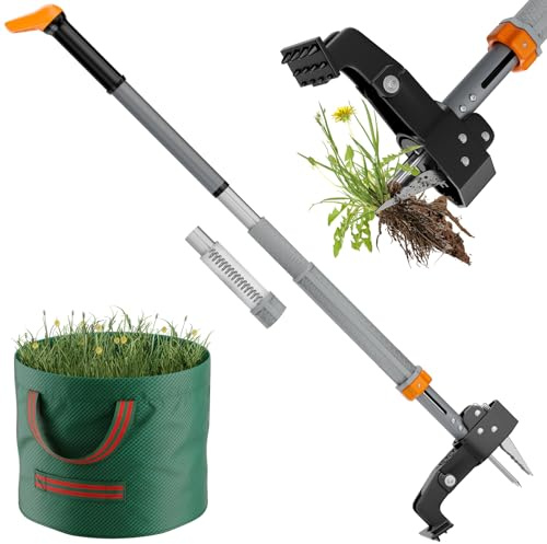 Volticore Stand-Up Unkrautstecher mit Teleskopstiel (98–117 cm), 4 Edelstahl-Krallen & automatischer Rückstellung, Unkrautentferner ohne Bücken, inklusive praktischer Gartentasche