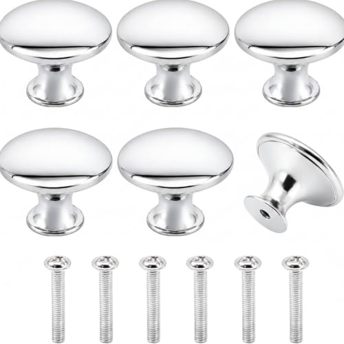 6Pcs Cupboard Door Knobs, Round Polished Chrome Cabinet Knobs with Screws | 30mm Mushroom-Shape Pull Handles for Drawer, Cabinet, Cupboard, Kitchen, Bathroom, Furniture (Silver)