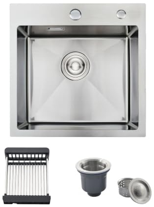 45x45cm Stainless Steel Kitchen Sink with Pull-Out Drainer Basket, Brushed | Brushed stainless steel single bowl sink,fits drop-in & topmount installation,Comes with 2 tap holes,Waste Kit,Drain Pipe