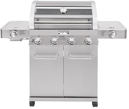 Monument Grills Gril à gaz propane 4+2 brûleurs en acier inoxydable style armoire avec couvercle Clearview, boutons de contrôle, thermomètre intégré, brûleurs latéraux infrarouges et brûleurs latéraux