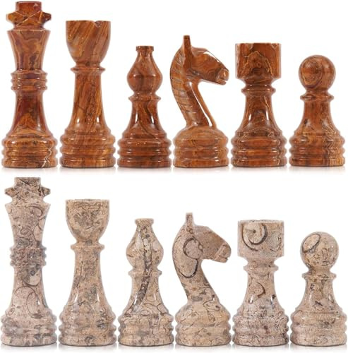 Radicaln Handgefertigte Schachfiguren aus Marmor 3 in Rot & Koralle | Naturstein, handpoliert, erstklassiges Finish, 32 Spielfiguren, einzigartige Maserung, zeitloses Design.